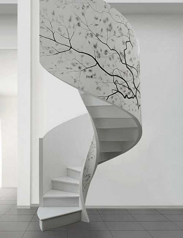 Artwork-enlivens-the-white-spiral-staircase-634x824